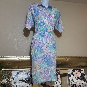 Size 11 12 1980s Button Front Dress Womens Vintage Cotton Blend